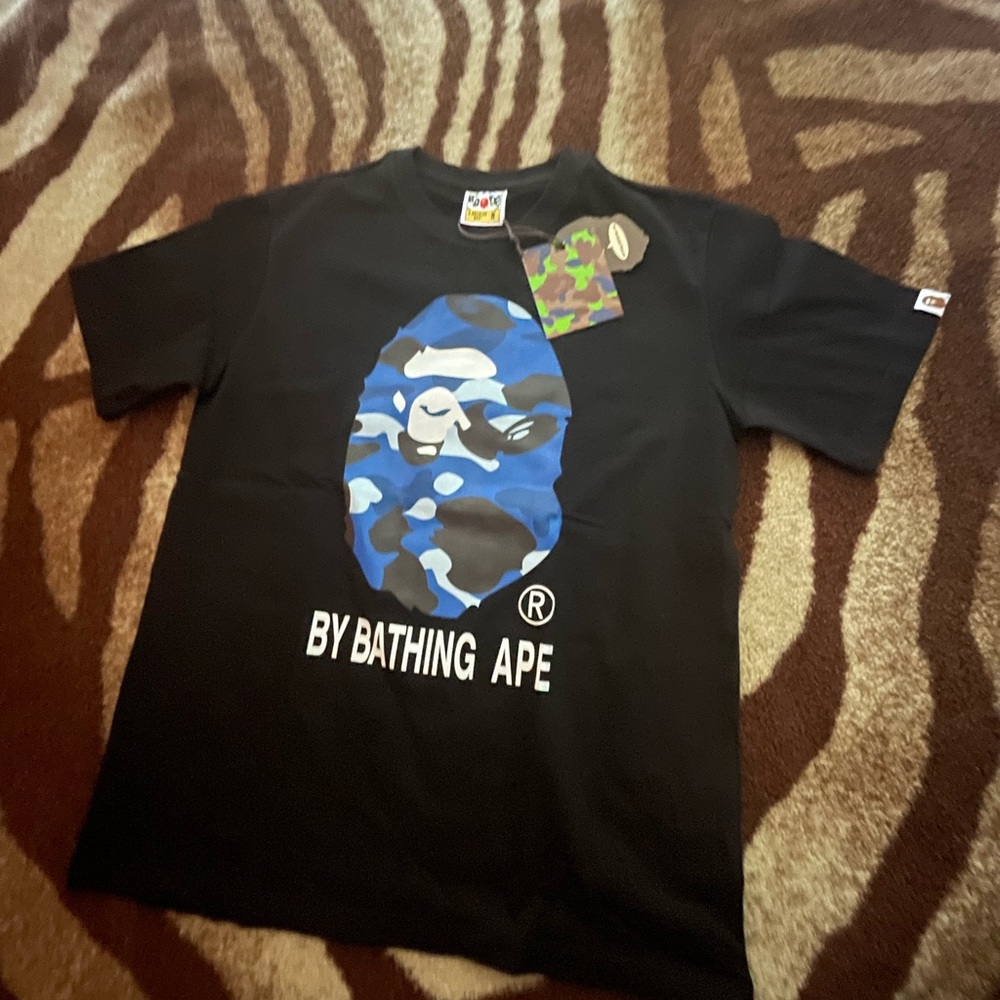 A Bathing Ape Black T-Shirt with Blue Camo Logo